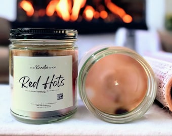 Scented Candle Red Hots/Vegan Coconut Apricot Wax Marbled Dyed Luxury Candle/Cinnamon/Hints of Clove/French Vanilla
