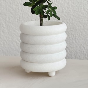 May include: White ceramic planter with a stacked, rounded design and three small feet. A small green plant is growing inside the planter.