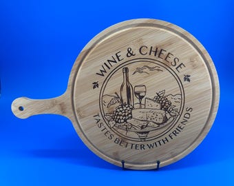 Engraved Bamboo Charcuterie Board – Wine and Cheese Design