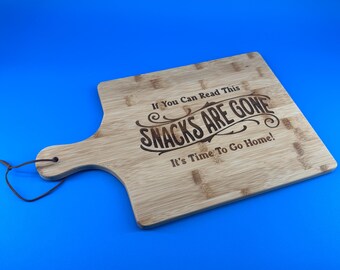 Engraved Bamboo Charcuterie Board – “Snacks Are Gone” Message