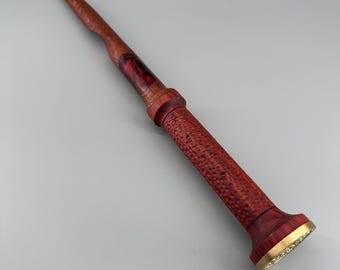 Handcrafted Wooden Wand – Redheart Handle, Leopardwood Shaft, Brass Pommel, Dragon Heart Core