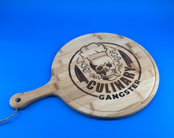 Engraved Bamboo Charcuterie Board – “Culinary Gangster” Smoking Skull Design