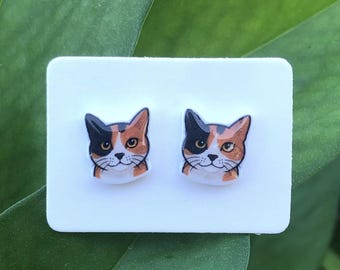Calico Cat Stud Earrings | Handmade, Kawaii, Gift, Pet Lover, Jewelry, Animal, Kids & Adults, Kitty, Hypoallergenic