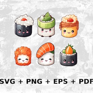 Cartoon Sushi Rolls Svg Png Eps, Commercial use Clipart Vector Graphics for Wall Art, Tshirts, Sublimation, Print on Demand, Stickers