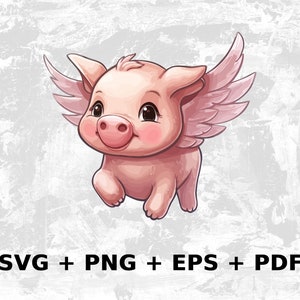 Kawaii Flying Pig Svg Png Eps, uso comercial Clipart Vector Graphics para arte de pared, camisetas, sublimación, impresión bajo demanda, pegatinas