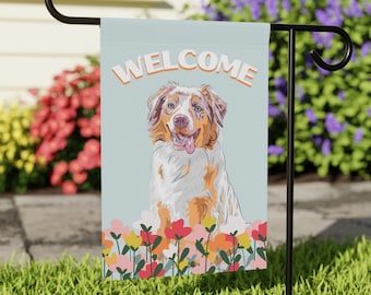 Australian Shepherd Welcome Flag | Aussie Flower Garden Flag | Dog Mom Gift