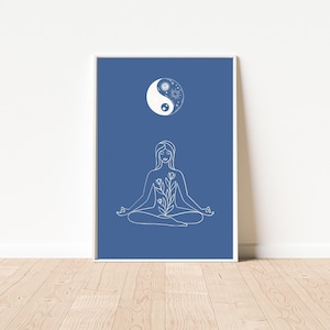 May include: A rectangular wall art print featuring a blue background with a white line art illustration of a person in a seated meditation pose. The person has flowers growing from their torso. Above them is a white yin and yang symbol.