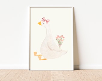 Silly goose wall art | Pink ribbon goose printable | Girls nursery | Kids bedroom wall decor | Coquette art | Animal printable | Digital