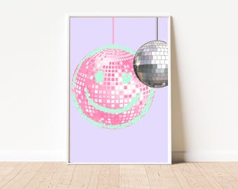 Pink smiley disco ball | Retro wall art | Trippy decoration | Maximalist pink aesthetic | Instant download | Femme fatale artsy | Digital