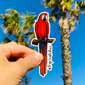 Scarlet Macaw #tropicalvibes Vinyl Sticker // Weatherproof and Dishwasher Safe Vinyl Sticker