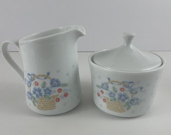 Corning Creamer  and Sugar Bowl with Lid in "Country Cornflower" Vintage Pattern