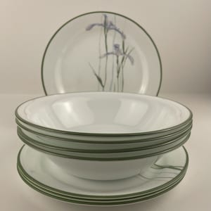 May include: A set of white ceramic dishes with a green trim. The set includes bowls and plates. One plate features a watercolor design of purple irises. The bowls and plates are stacked on top of each other.