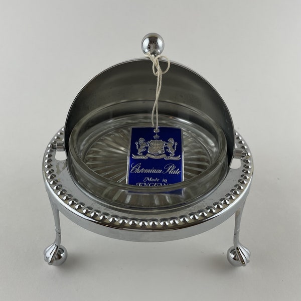 Vintage Round Roll Top  Dome Butter Dish with Glass Insert | Metal Globe Container / Revolving Dome