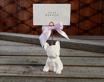Portatarjetas con forma de bulldog francés, color lila suave blanco.