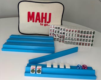 Travel Mahjong set. Canvas bag, 166 mini travel tiles and 4 racks/one with magnetic pusher. All have flat surface to expose your tiles.