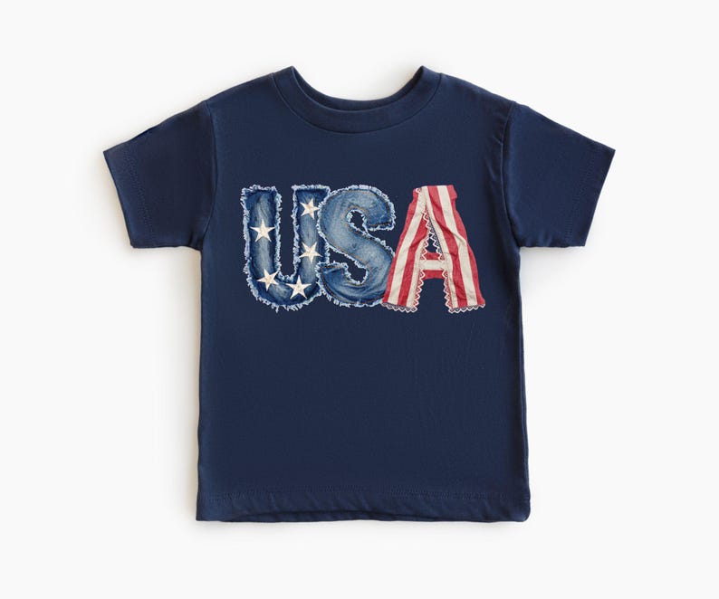 A navy blue t-shirt with the word "USA" printed on it in stylized lettering.