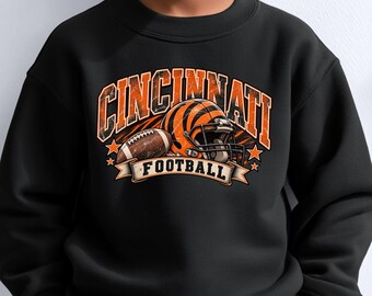 Cincinnati Orange and Black Football Kids Sweatshirt, Vintage Game Day Pullover, Youth Football Helmet Shirt, Retro Sports Gift for Children
