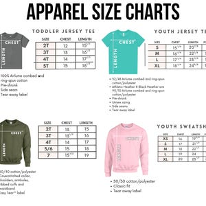 apparel size charts for a toddler jersey tee, youth jersey tee, and youth sweatshirts. The charts provide measurements for different sizes, including chest, waist, and length, along with corresponding fit sizes and corresponding t-shirt styles.