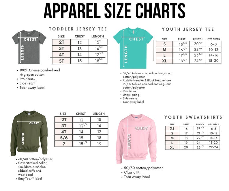 apparel size charts for a toddler jersey tee, youth jersey tee, and youth sweatshirts. The charts provide measurements for different sizes, including chest, waist, and length, along with corresponding fit sizes and corresponding t-shirt styles.