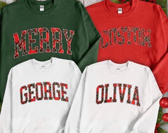Personalized Christmas Plaid Sweatshirt, Custom Family Name Holiday Crewneck, Merry Christmas Jumper