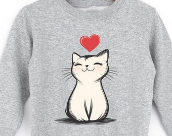 Cute Cat Kids Sweatshirt Heart Kitten Shirt for Toddler Girls Cat Lover Gift Youth Graphic Pullover Valentine Outfit