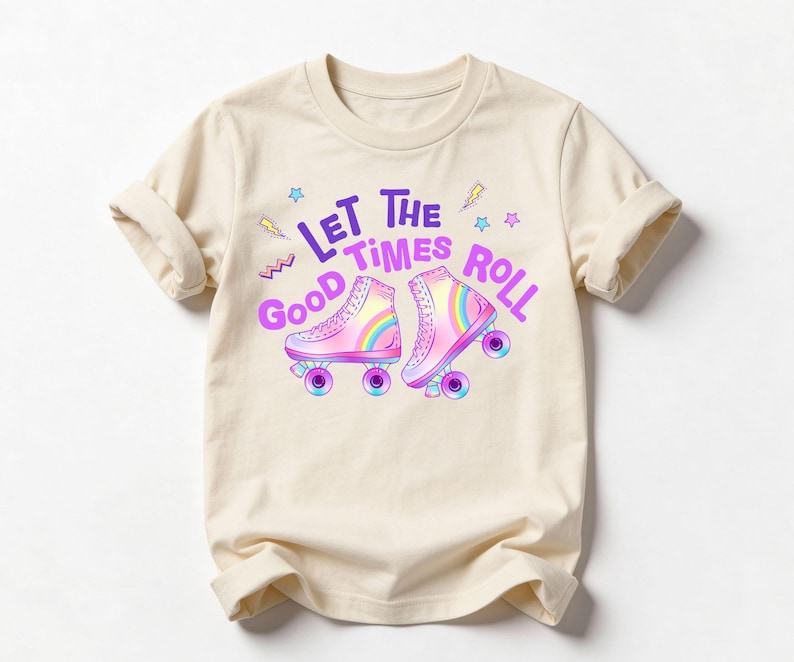 A beige t-shirt with a graphic design featuring roller skates and the text "Let the good times roll" in a colorful, playful style.