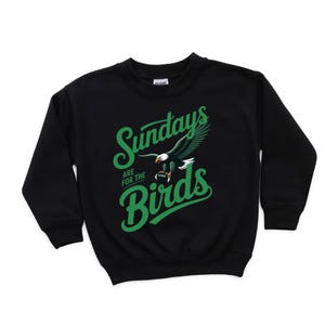 A black sweatshirt with a graphic design on it. The design features a green eagle and the text "SUNDAYS ARE FOR THE BIRDS" written in a stylized font.