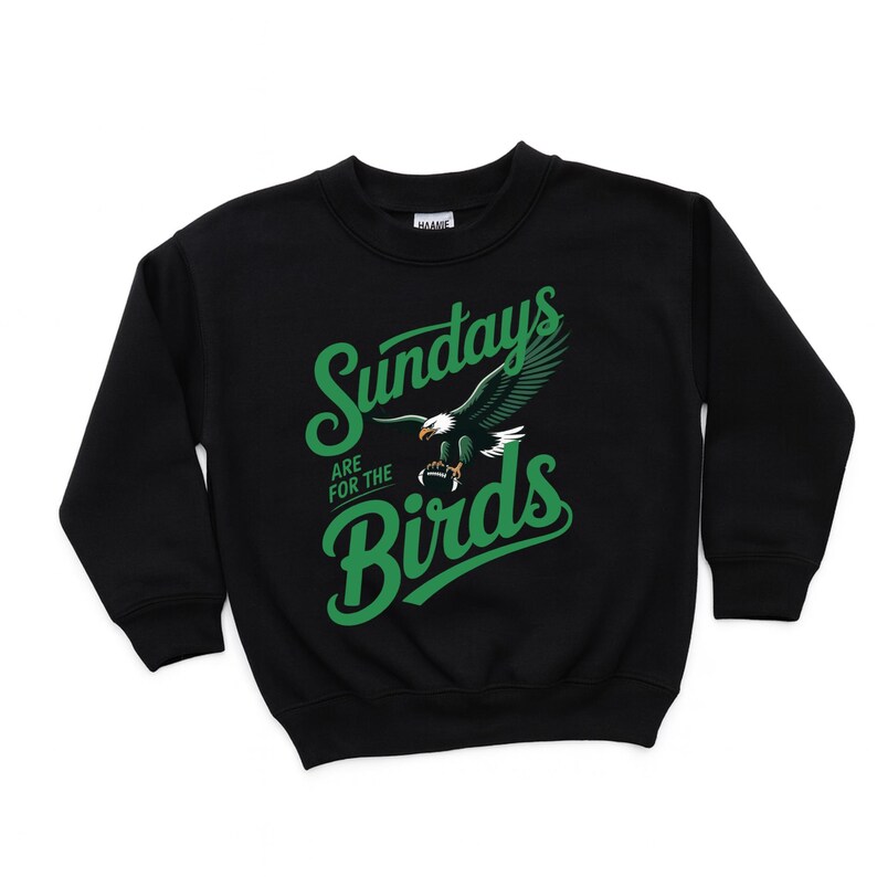 A black sweatshirt with a graphic design on it. The design features a green eagle and the text "SUNDAYS ARE FOR THE BIRDS" written in a stylized font.