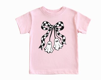 Kids Halloween Shirt or Sweatshirt, Cute Ghost Bow Tee, Black and White Checkerboard Trick or Treat Gift