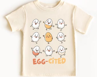 Egg-Cited Kids Shirt – Cute Smiley Egg T-Shirt, Funny Toddler Farm Tee, Kawaii Egg Cartoon Shirt, Unisex Spring Shirt for Kids