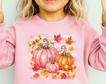 Pink Pumpkin Kids Sweatshirt Watercolor Fall Shirt for Toddler Girls Cute Thanksgiving Outfit Autumn Youth Pullover