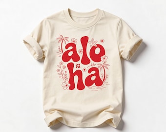 Retro Aloha Shirt Hawaiian Vacation Kids Tee Tropical Beach Top Red Bubble Font Summer Apparel Toddler T-Shirt Island Vibes