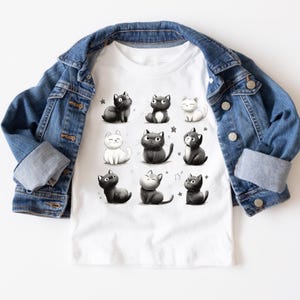 Cute Black White Cat Kids T-Shirt – Cartoon Kittens Graphic Tee, Adorable Toddler & Youth Cat Lover Shirt