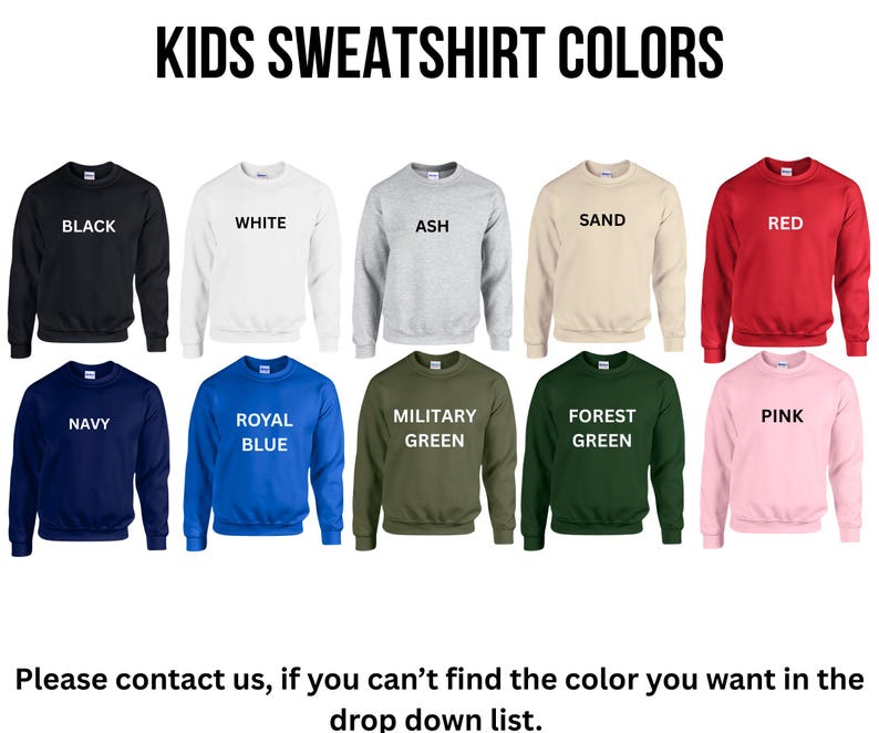 a collection of children's sweatshirt colors, including black, white, ash, sand, red, blue, royal blue, green, forest green, pink, and navy.