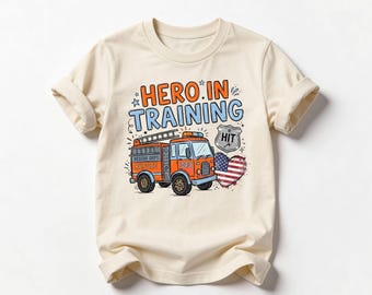 Hero In Training Shirt Fire Truck Kids Tee Future Firefighter Patriotic Toddler American Flag Heart Rescue Vehicle 4th Of July Boys T-Shirt