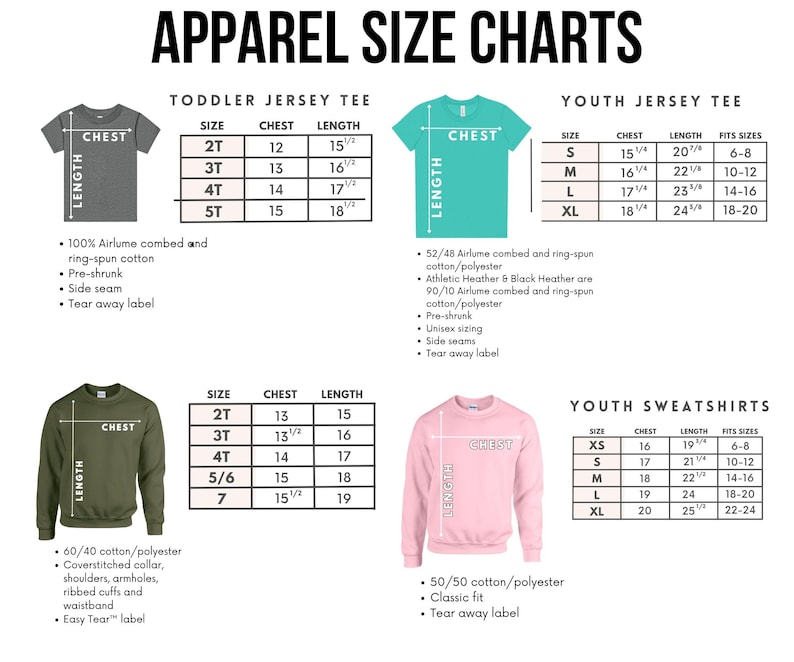 apparel size charts for a toddler jersey tee, youth jersey tee, and youth sweatshirts. The charts provide measurements for different sizes, including chest, waist, and length, along with corresponding fit sizes and corresponding t-shirt styles.