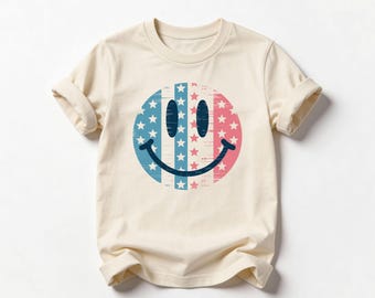 Patriotic Smiley Face Shirt 4th  USA Flag Toddler Retro Distressed Happy Face Top Independence Day American Pride Summer TShirt Gift