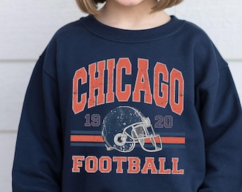 Chicago Kids Football Sweatshirt Vintage Helmet Graphic Toddler Youth Crewneck Orange Navy Game Day Outfit Illinois Sports Gift