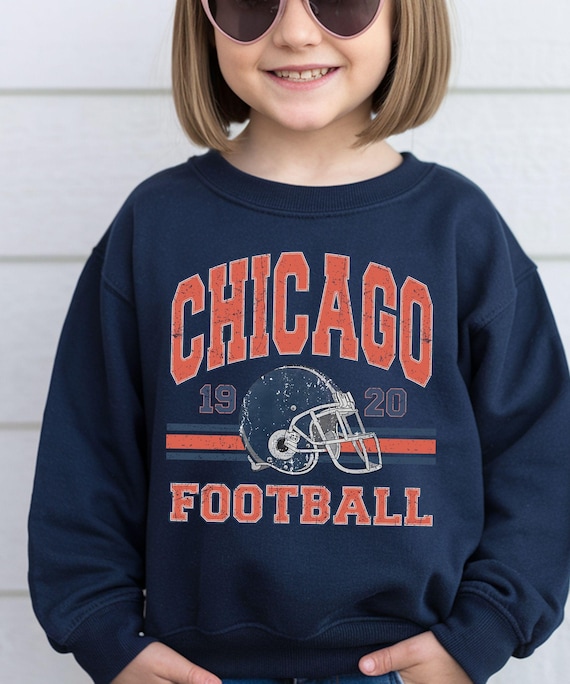 Chicago Kids Football Sweatshirt Vintage Helmet Graphic Toddler Youth Crewneck Orange Navy Game Day Outfit Illinois Sports Gift