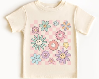 Smiley Retro Flowers Kids T-Shirt – Pastel Checkered Happy Flower Tee, Groovy Toddler & Youth Shirt