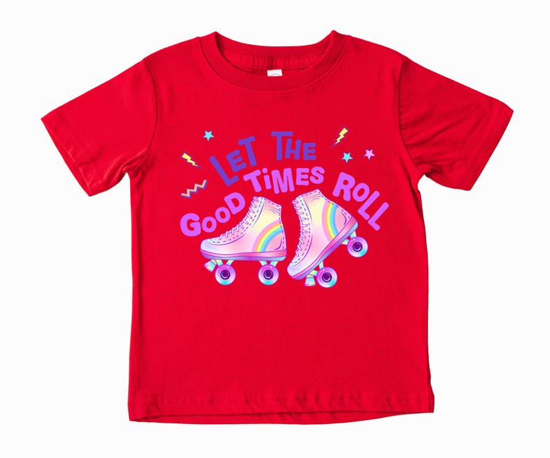 A red t-shirt with a graphic design featuring a pair of rollerblades and the text "Let the good times roll" written above them.