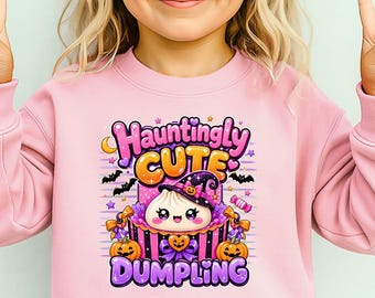 Hauntingly Cute Dumpling Halloween Sweatshirt for Girls, Kawaii Halloween Shirt, Cute Witch Glitter Dumpling Shirt, Spooky Season Outfit