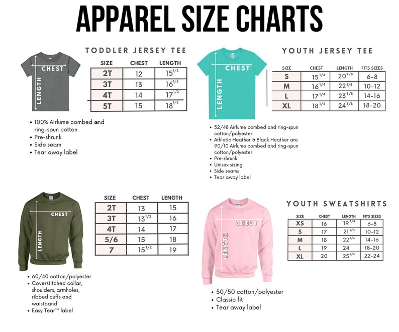 apparel size charts for a toddler jersey tee, youth jersey tee, and youth sweatshirts. The charts provide measurements for different sizes, including chest, waist, and length, along with corresponding fit sizes and corresponding t-shirt styles.