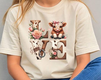 Highland Cow Girls Shirt, Western Cowgirl Kids Tee, Cute Cow Love Shirt for Girls, Farm Animal Kids Outfit, Highland Cow Toddler Shirt