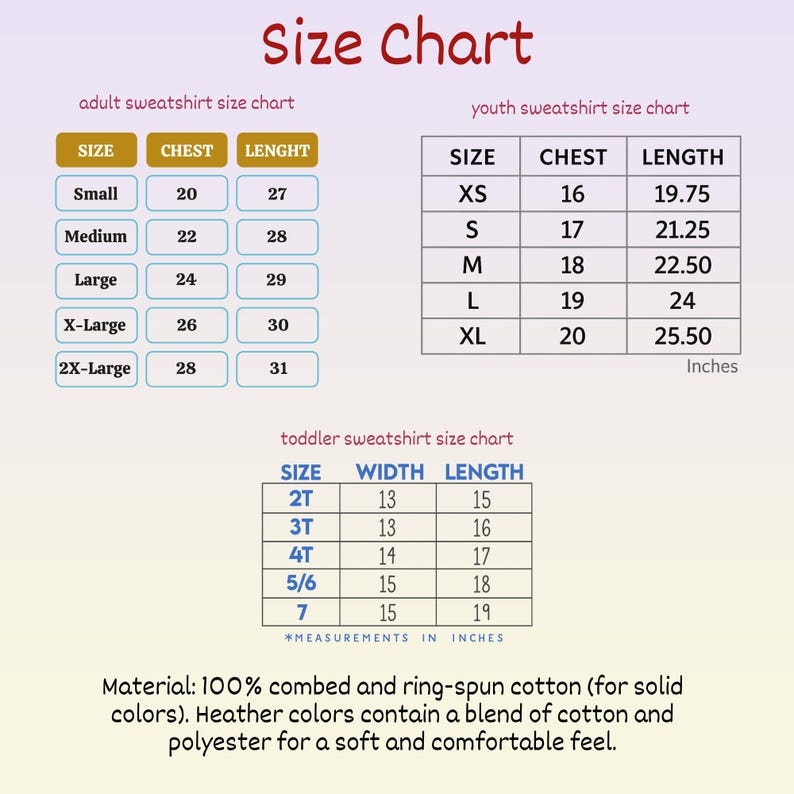 The image is a size chart for different age groups, including adult and youth sweatshirt size charts. It provides measurements for chest, length, and width for various age groups, such as small, medium, large, and 2X-large sizes. The chart also includes a toddler sweatshirt size chart with measurements for width and length. The material of the sweatshirt is 100% combed and ring-spun cotton for solid colors, and the colors contain a blend of cotton and polyester for a soft and comfortable feel.