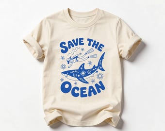 Save The Ocean Kids Shirt Retro Shark Tee Marine Conservation Top Scuba Diver Apparel Environmental Graphic T-Shirt Beach Lover Gift