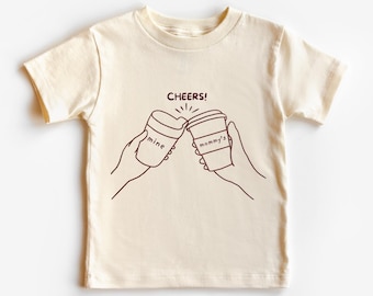 Cheers, Mine! Mommy’s Drinks T-Shirt – Funny Toddler Kids Tee, Cute Playful Saying Shirt, Soft & Comfortable Unisex Tee