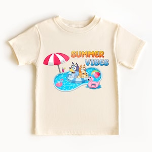 Summer Vibes Pool Fun Blue Dog Kids T-Shirt – Cute Cartoon Swimming Tee, Fun Toddler & Youth Summer Shirt