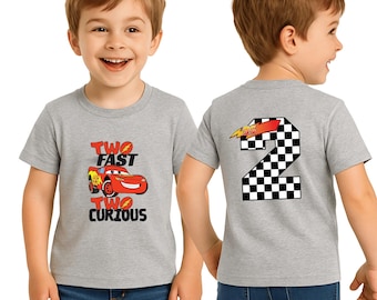 Two Fast Curious Racing Car Birthday Shirt, Double Sided Toddler Tee, 2nd Bday Boy Gift