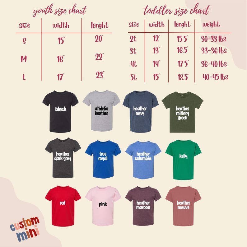 a group of children's t - shirts with the measurements